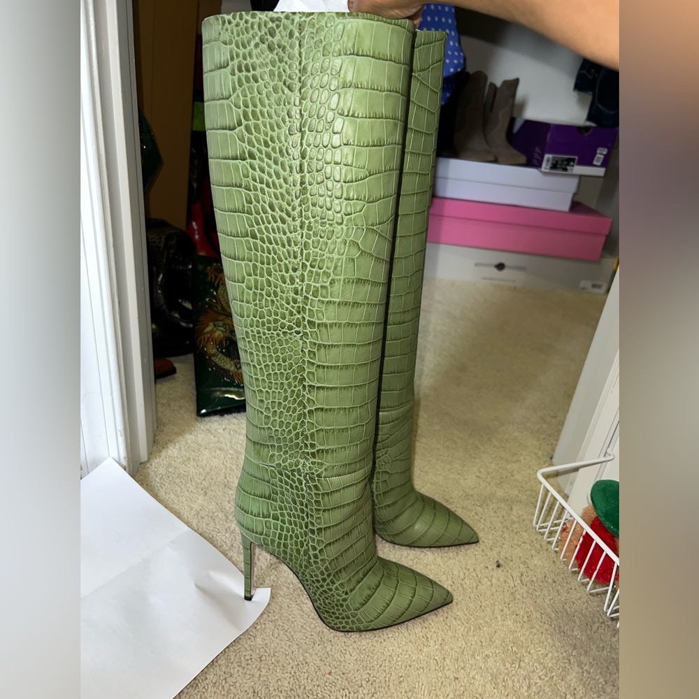 Paris Texas Green Leather Croc Embossed Knee High Stiletto Heeled Boots 38.5